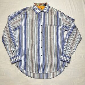 Robert Graham Mens Size L Shirt Floral Stripe Flip Cuff Embroidered Silk Trim